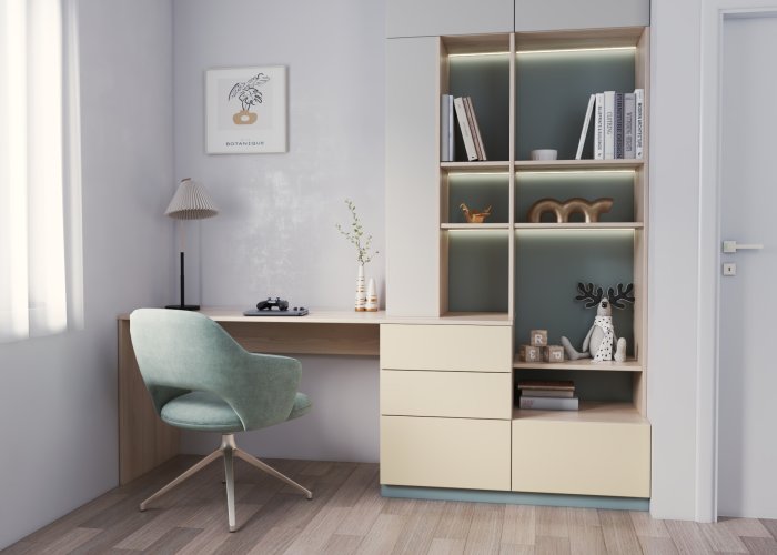 Detská izba s integrovaným riešením postele a pracovného stola / Nábytok do detskej izby